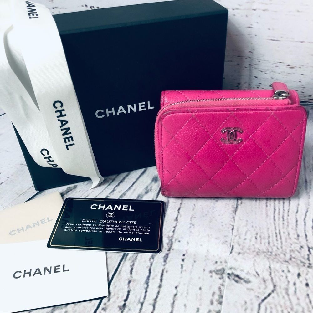 Chanel Matelasse Quilted Leather Pink Caviar Trifold Wallet CC Logo & Box/Card